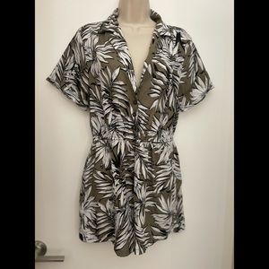 Tan Black & White Leaf Print Romper